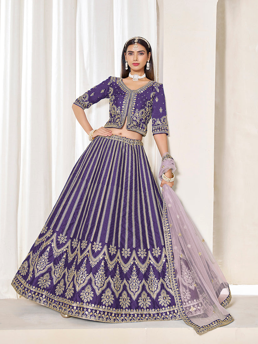 Monjolika Fashion Embroidered Purple Art Silk Designer Long Lehenga Choli
