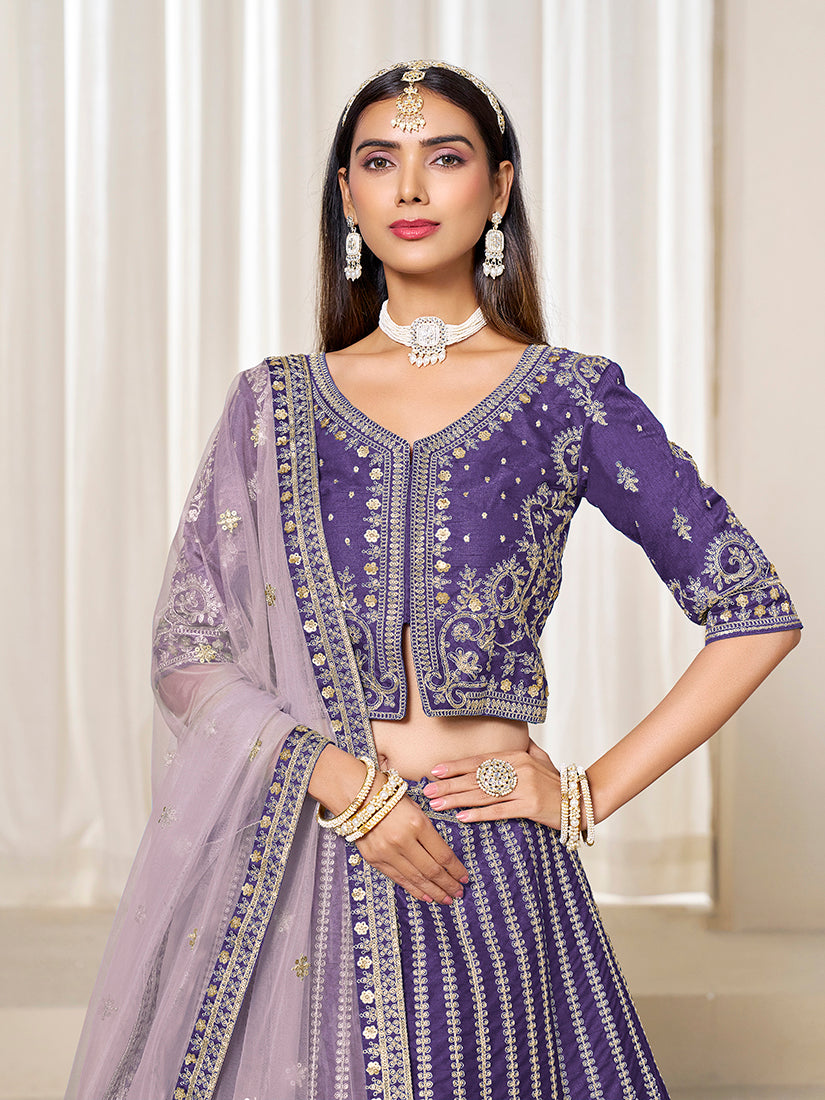 Monjolika Fashion Embroidered Purple Art Silk Designer Long Lehenga Choli