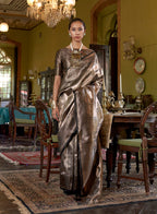 Monjolika Fashion Dark Brown Kanjivaram Silk Blend Woven Classic Saree