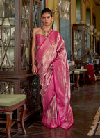 Monjolika Fashion Hot Pink Kanjivaram Silk Blend Woven Classic Saree