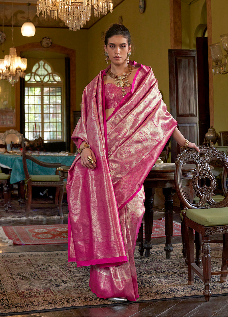 Monjolika Fashion Hot Pink Kanjivaram Silk Blend Woven Classic Saree