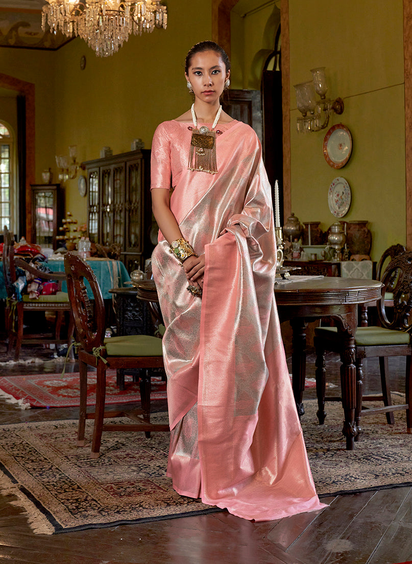 Monjolika Fashion Peach Kanjivaram Silk Blend Woven Classic Saree
