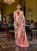 Monjolika Fashion Peach Kanjivaram Silk Blend Woven Classic Saree