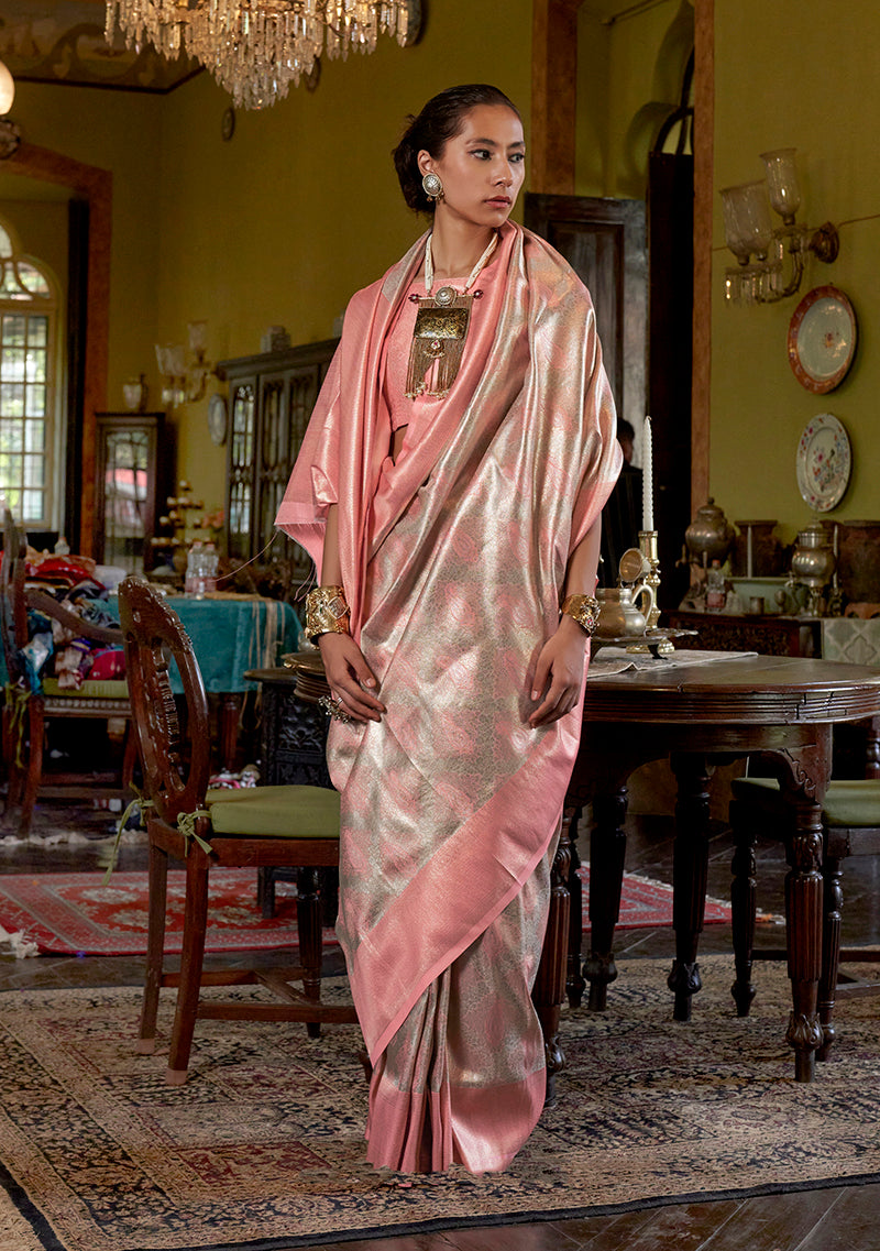 Monjolika Fashion Peach Kanjivaram Silk Blend Woven Classic Saree