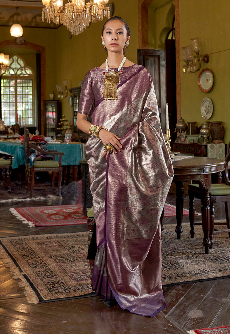 Monjolika Fashion Purple Kanjivaram Silk Blend Woven Classic Saree