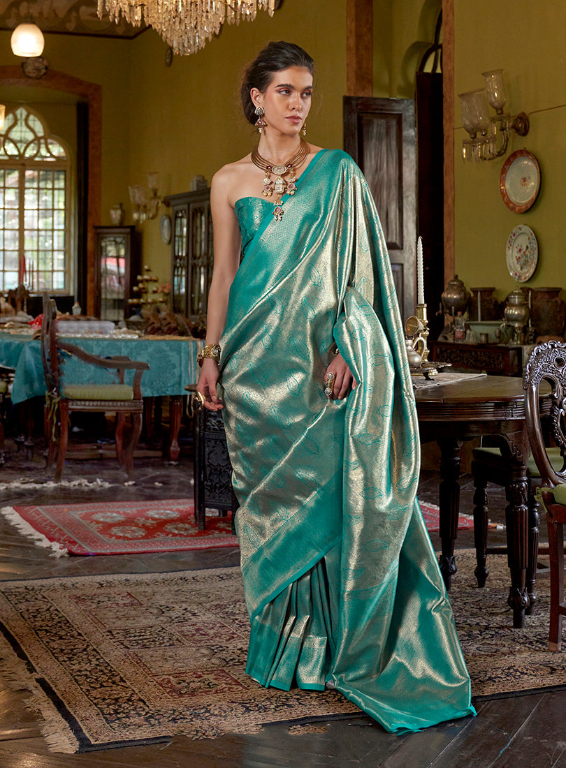 Monjolika Fashion Turquoise Kanjivaram Silk Blend Woven Classic Saree