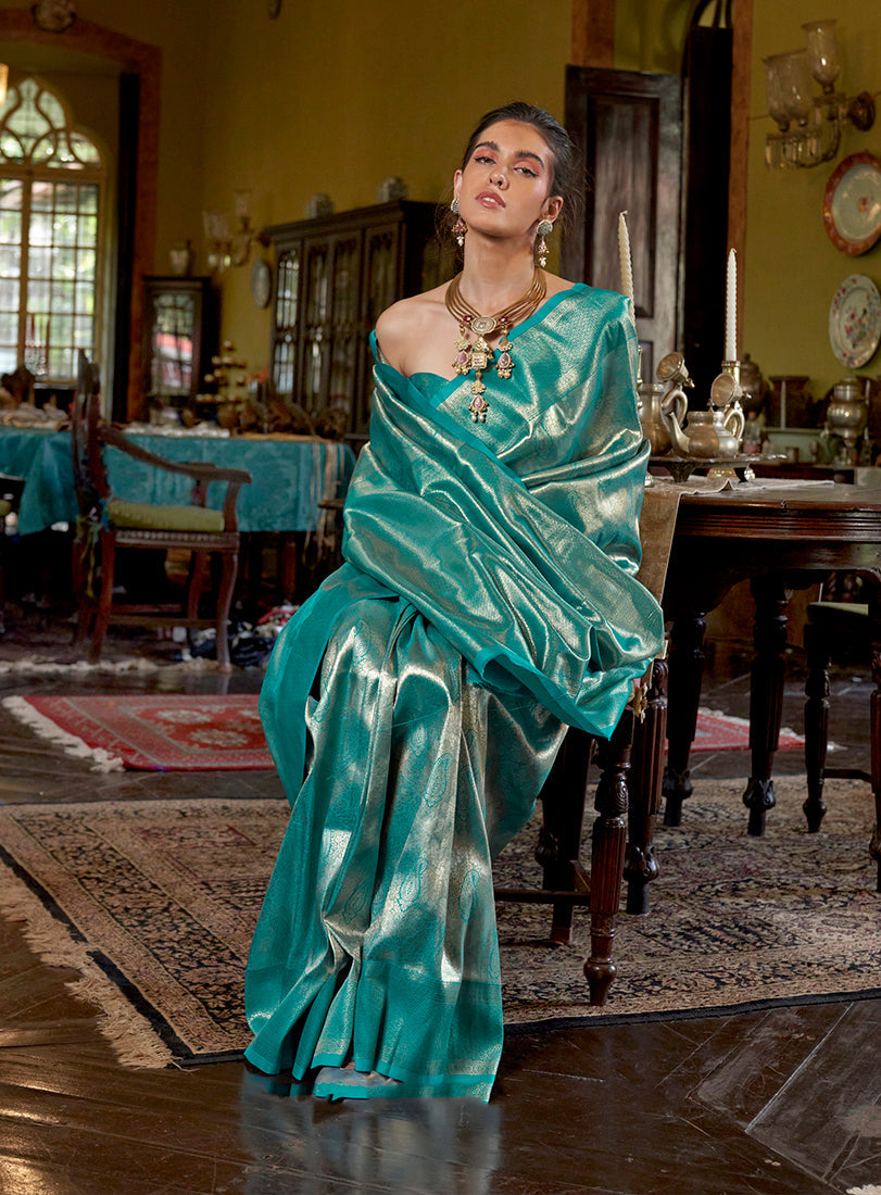 Monjolika Fashion Turquoise Kanjivaram Silk Blend Woven Classic Saree