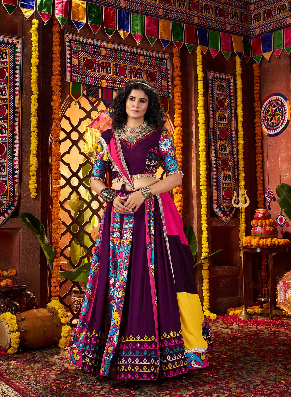 Monjolika Fashion Purple Viscose Cotton Digital Print Mirror Work Navratri Chaniya Choli With Dupatta - Distacart