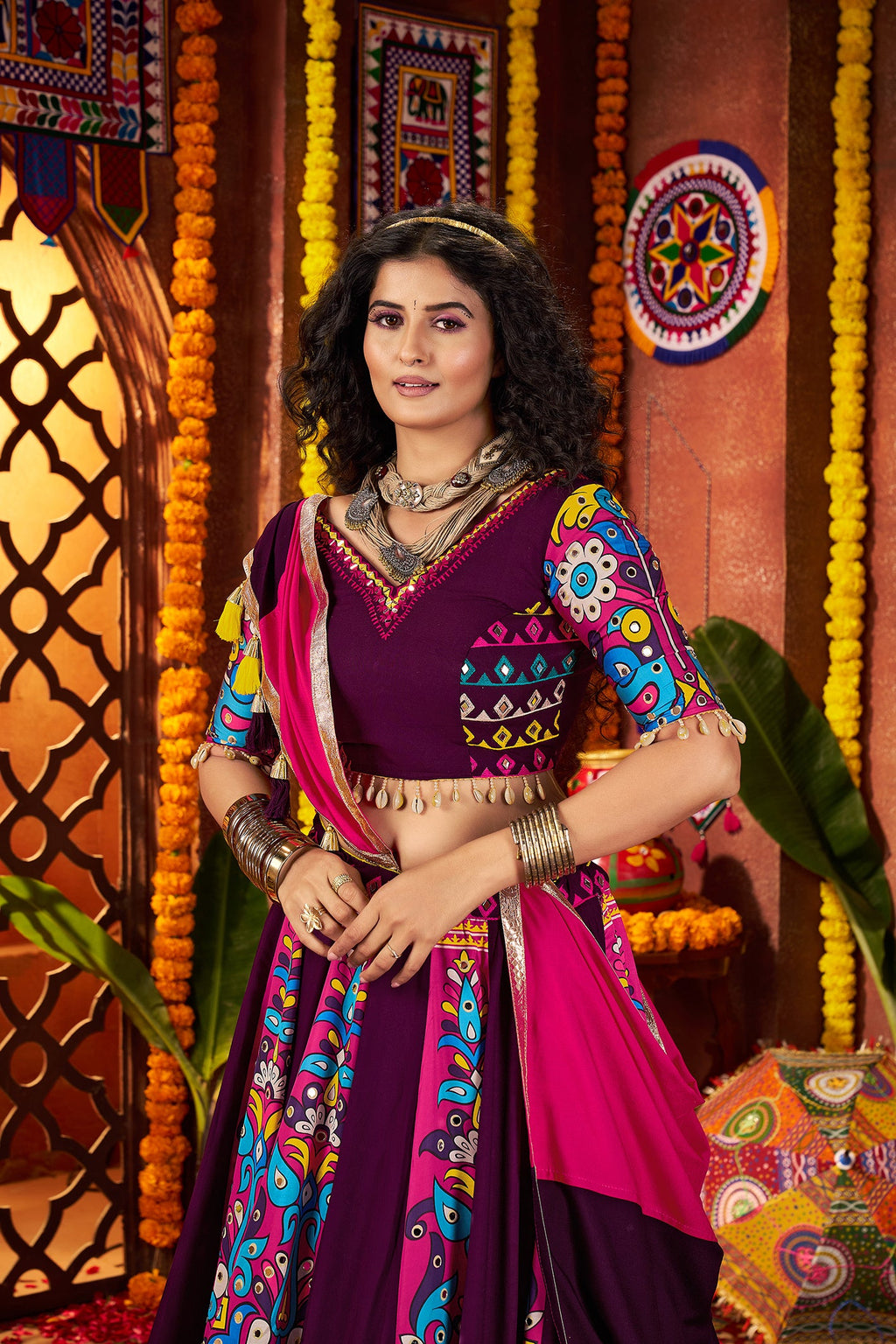 Monjolika Fashion Purple Viscose Cotton Digital Print Mirror Work Navratri Chaniya Choli With Dupatta - Distacart
