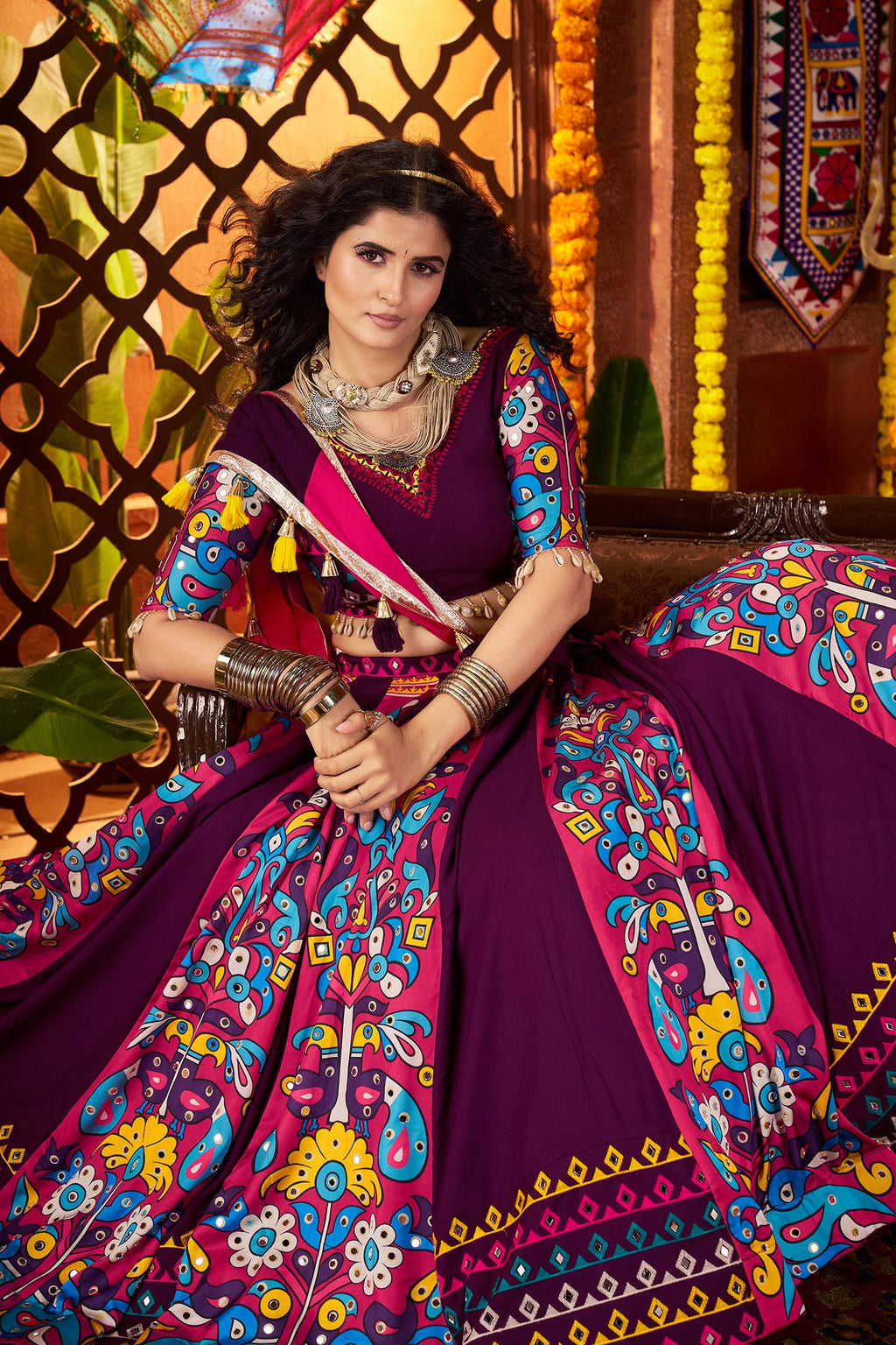 Monjolika Fashion Purple Viscose Cotton Digital Print Mirror Work Navratri Chaniya Choli With Dupatta - Distacart