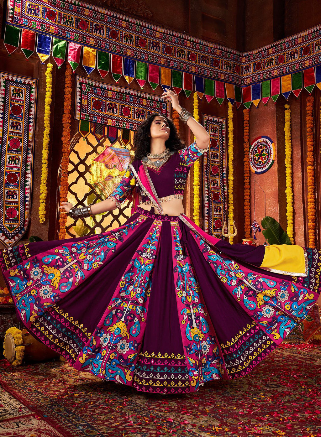 Monjolika Fashion Purple Viscose Cotton Digital Print Mirror Work Navratri Chaniya Choli With Dupatta - Distacart