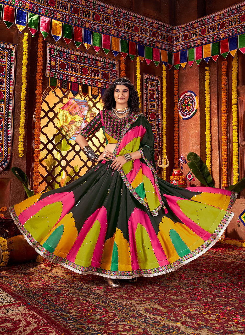 Monjolika Fashion Traditional Printed Black Gajji Silk Lehenga Choli For Navratri - Distacart