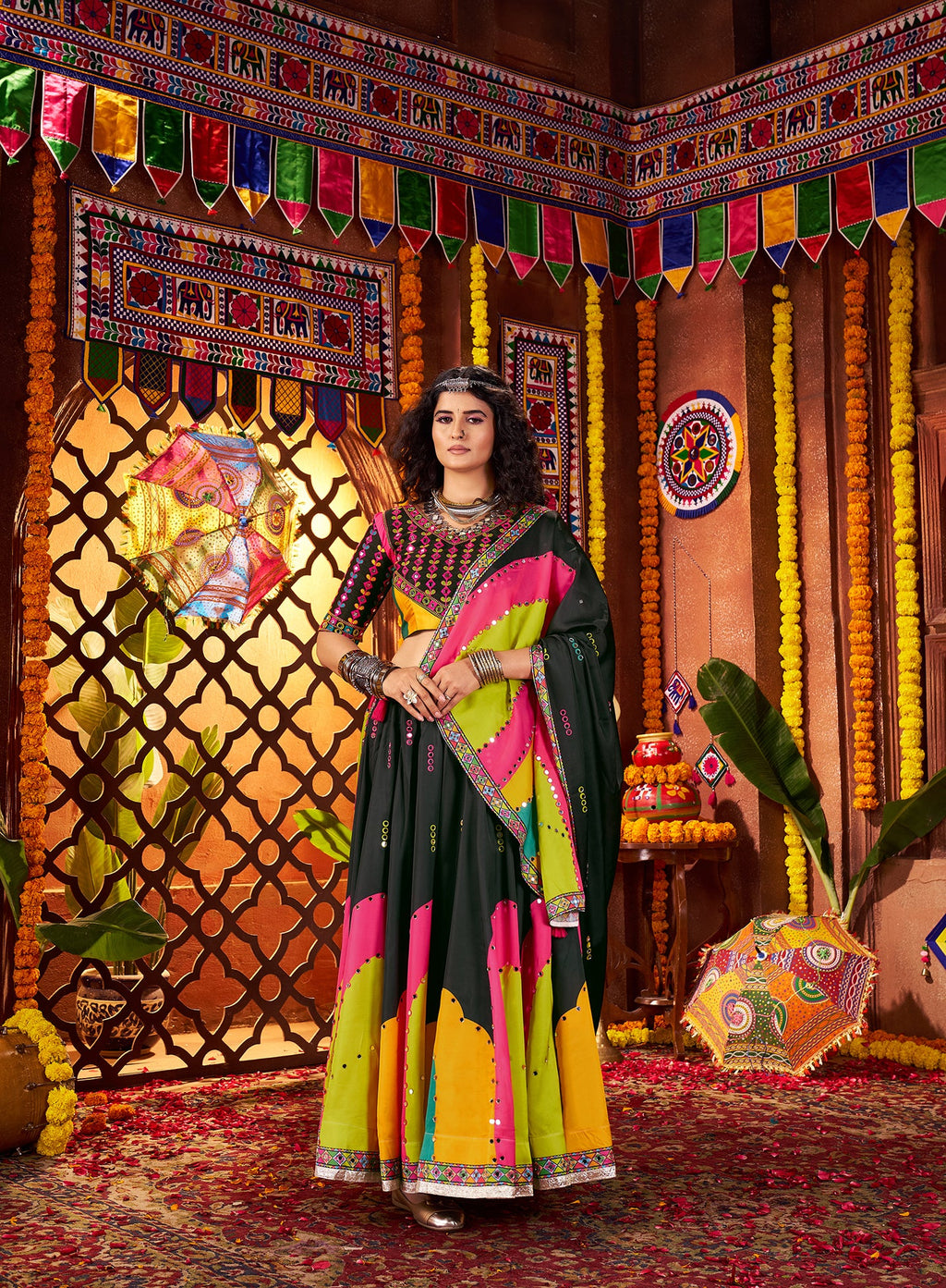 Monjolika Fashion Traditional Printed Black Gajji Silk Lehenga Choli For Navratri - Distacart