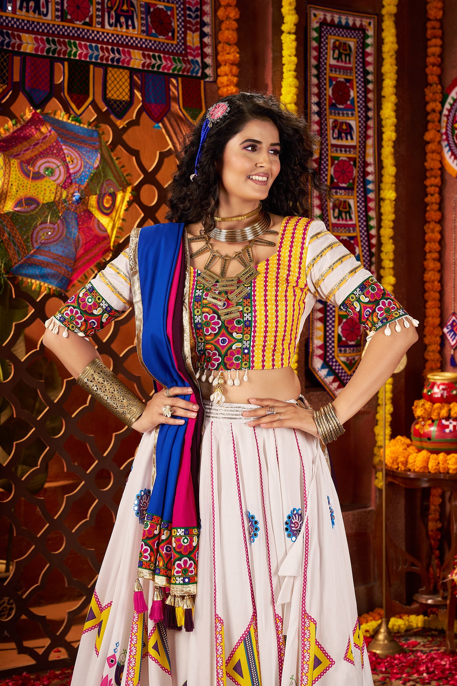 Monjolika Fashion Gajji Silk White Navratri Chaniya Choli In Multi Thread And Mirror Hand Work