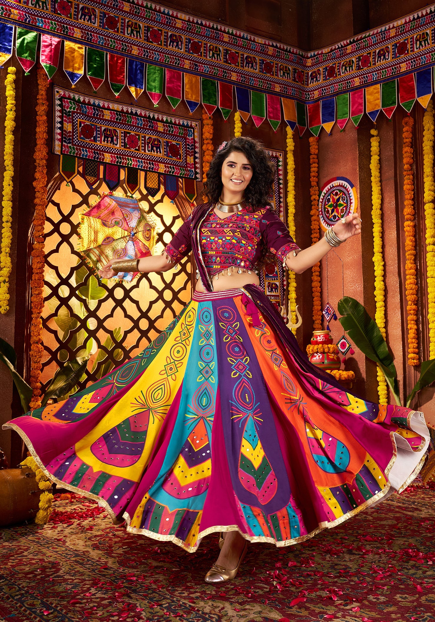 Monjolika Fashion Colorful Gajji Silk Navratri Lehenga Choli With Mirror Work - Distacart
