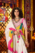 Monjolika Fashion White Gajji Silk Navratri Lehenga Choli With Digital Print & Mirror Work