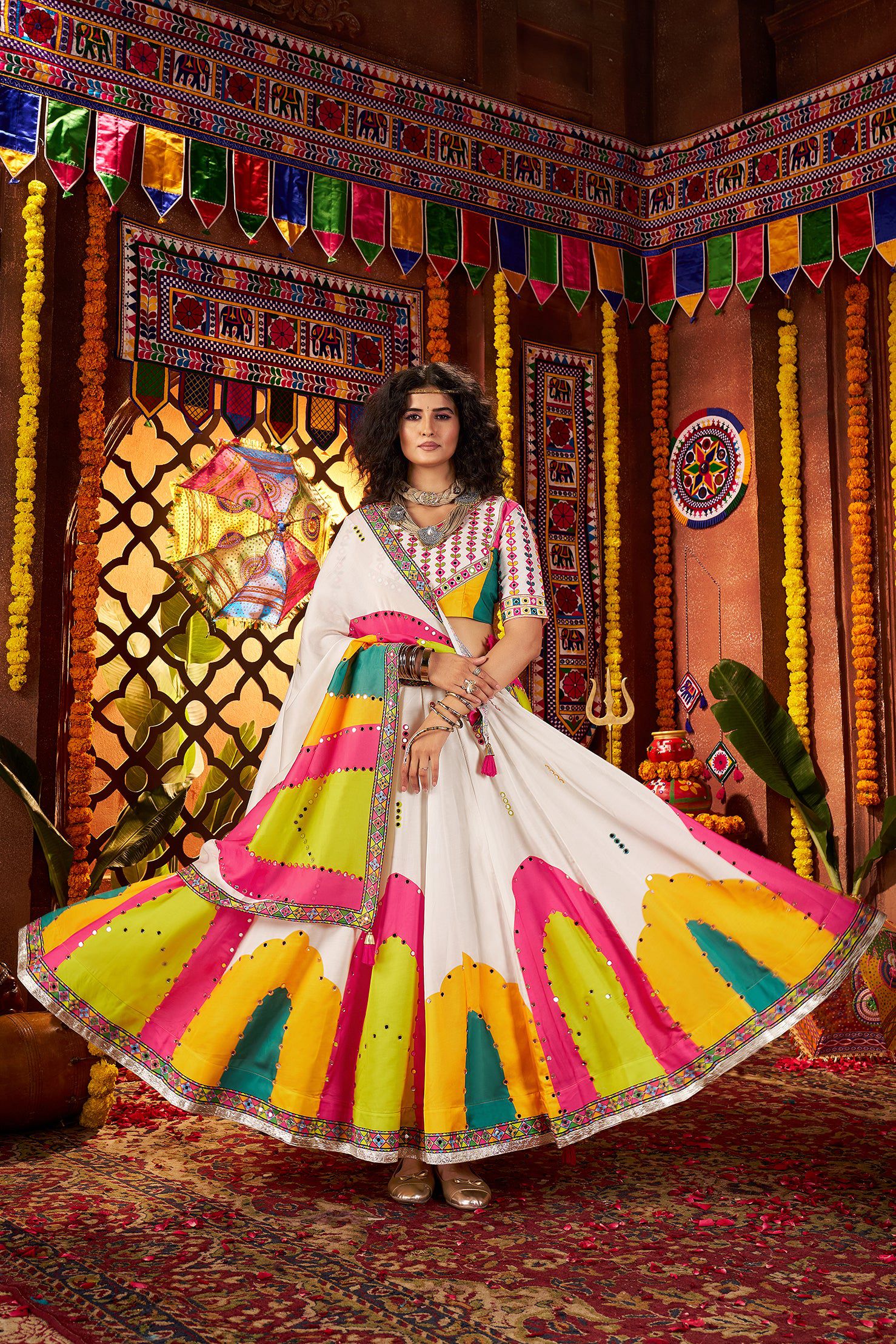 Monjolika Fashion White Gajji Silk Navratri Lehenga Choli With Digital Print & Mirror Work