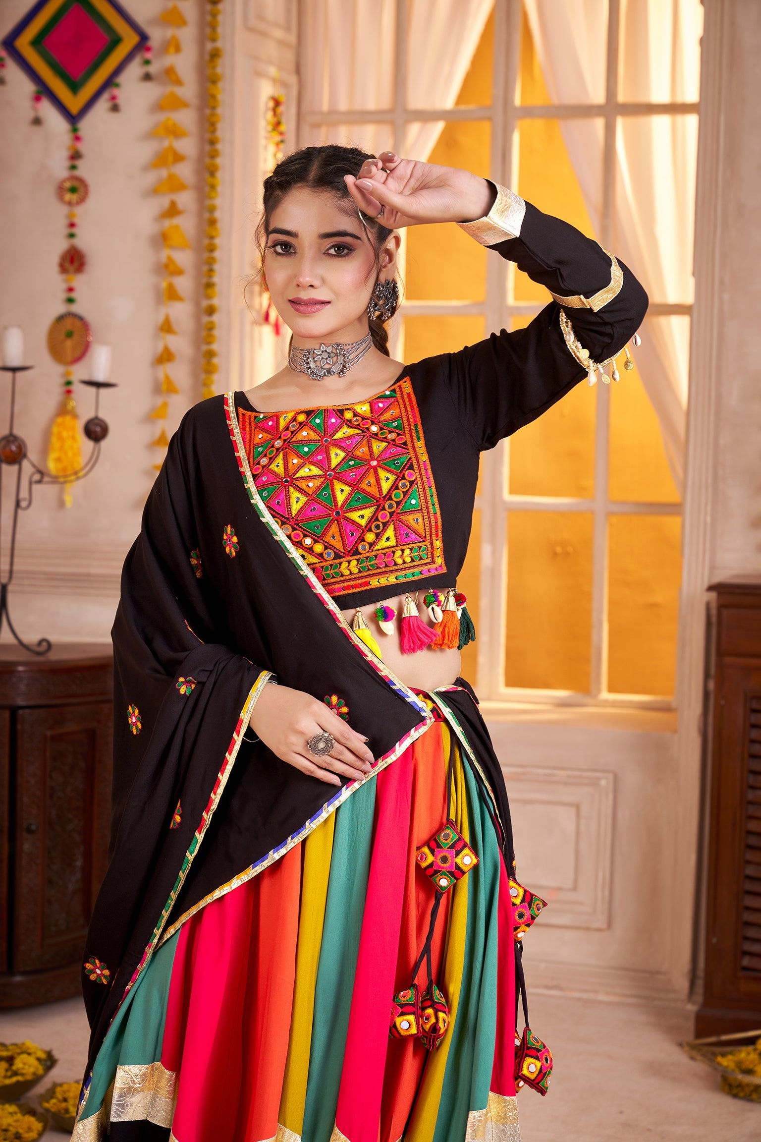 Monjolika Fashion Viscose Cotton Black Lehenga Choli For Navratri In Thread & Mirror Work - Distacart