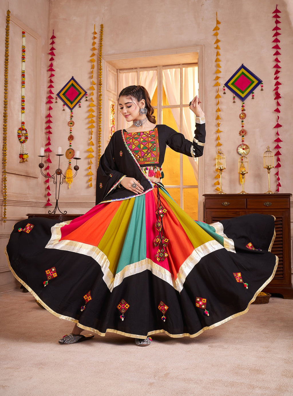 Monjolika Fashion Viscose Cotton Black Lehenga Choli For Navratri In Thread & Mirror Work - Distacart