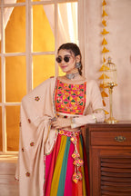 Monjolika Fashion Viscose Cotton Beige Multicolor Navratri Lehenga Choli With Mirror And Kutchi Embroidery Work - Distacart