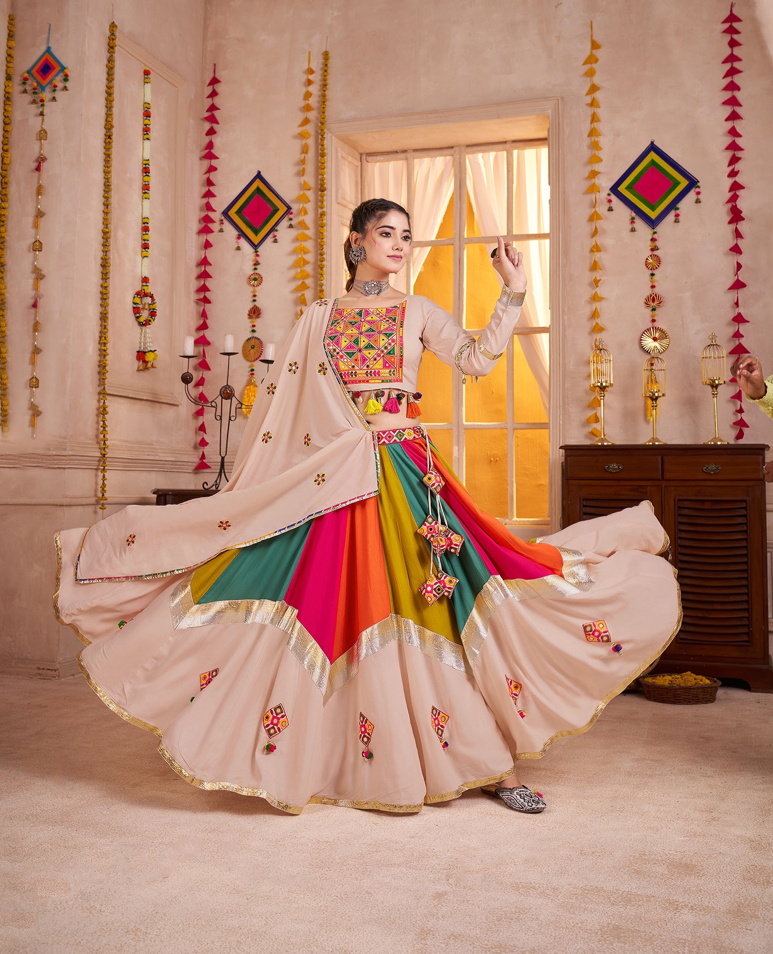 Monjolika Fashion Viscose Cotton Beige Multicolor Navratri Lehenga Choli With Mirror And Kutchi Embroidery Work - Distacart