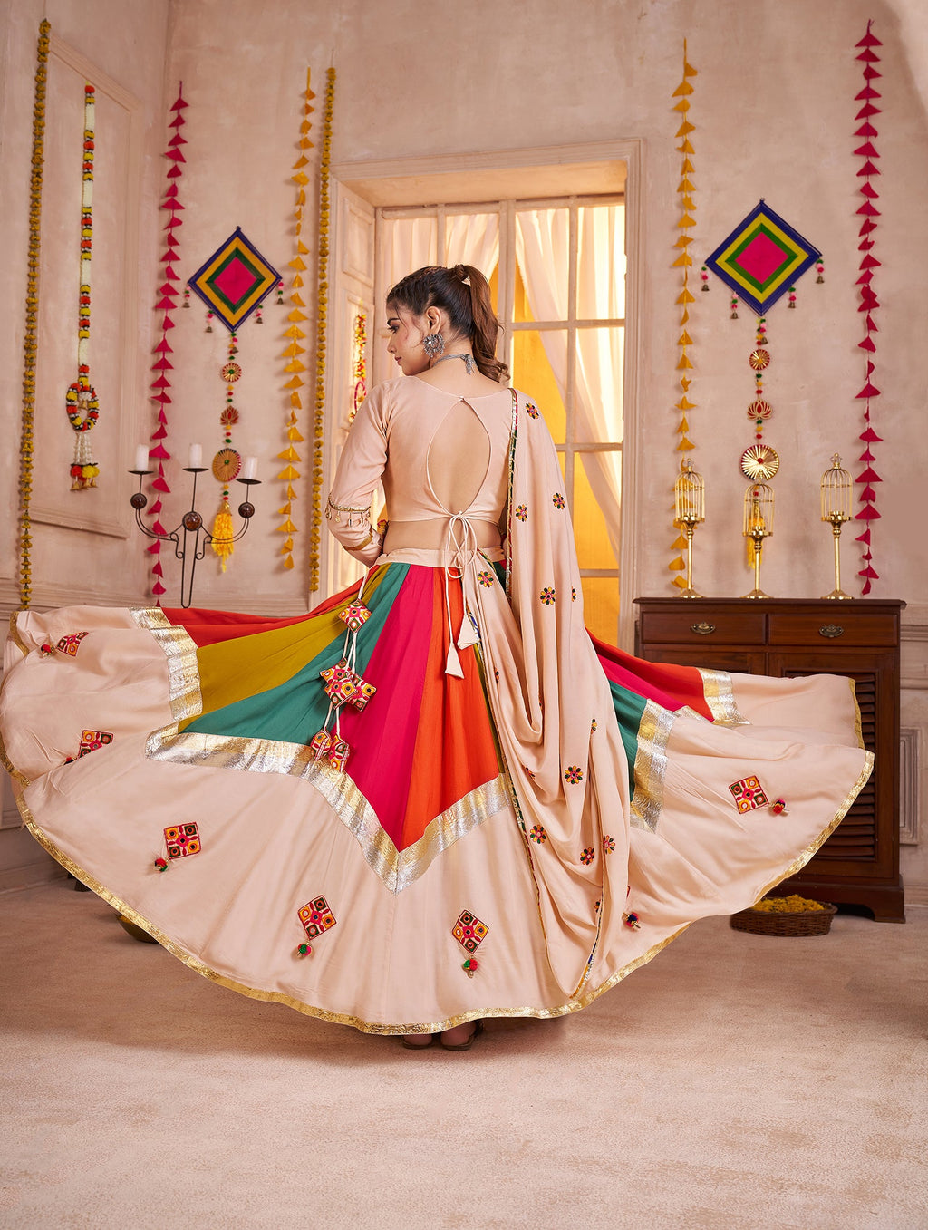 Monjolika Fashion Viscose Cotton Beige Multicolor Navratri Lehenga Choli With Mirror And Kutchi Embroidery Work - Distacart