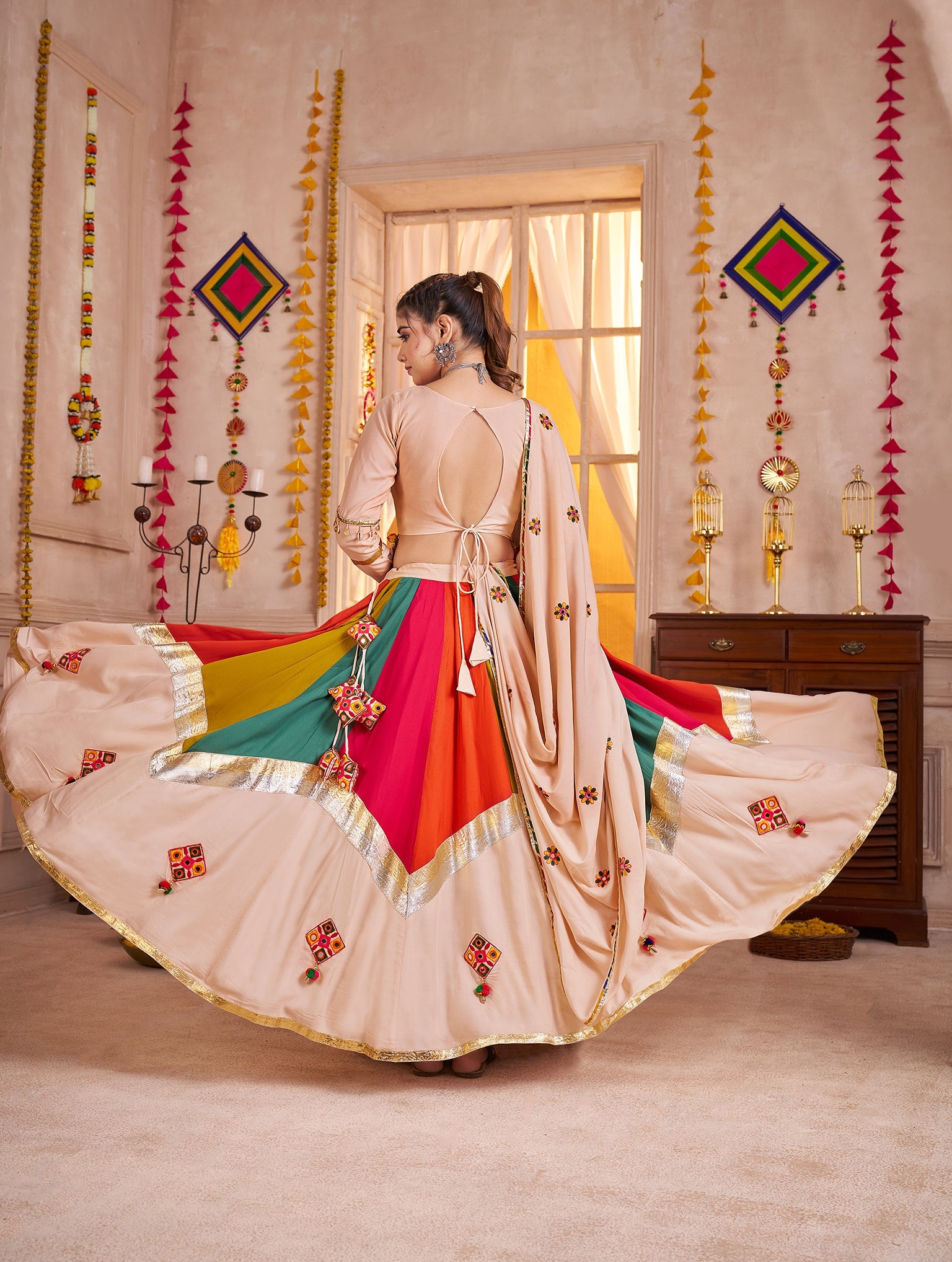 Monjolika Fashion Viscose Cotton Beige Multicolor Navratri Lehenga Choli With Mirror And Kutchi Embroidery Work - Distacart