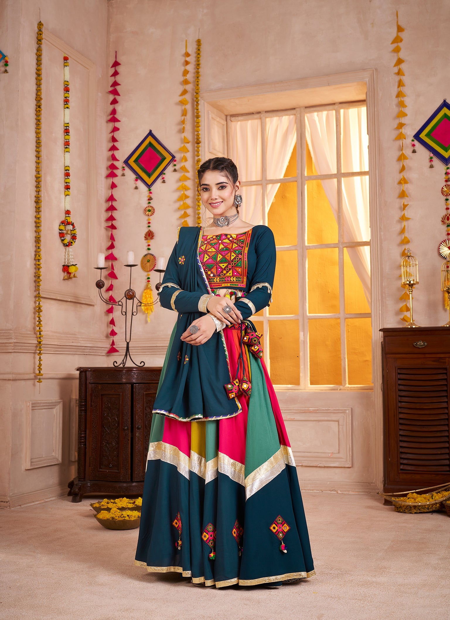 Monjolika Fashion Viscose Cotton Multi Color-Teal Blue Navratri Lehenga Choli With Mirror And Kutchi - Distacart