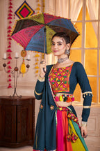 Monjolika Fashion Viscose Cotton Multi Color-Teal Blue Navratri Lehenga Choli With Mirror And Kutchi - Distacart
