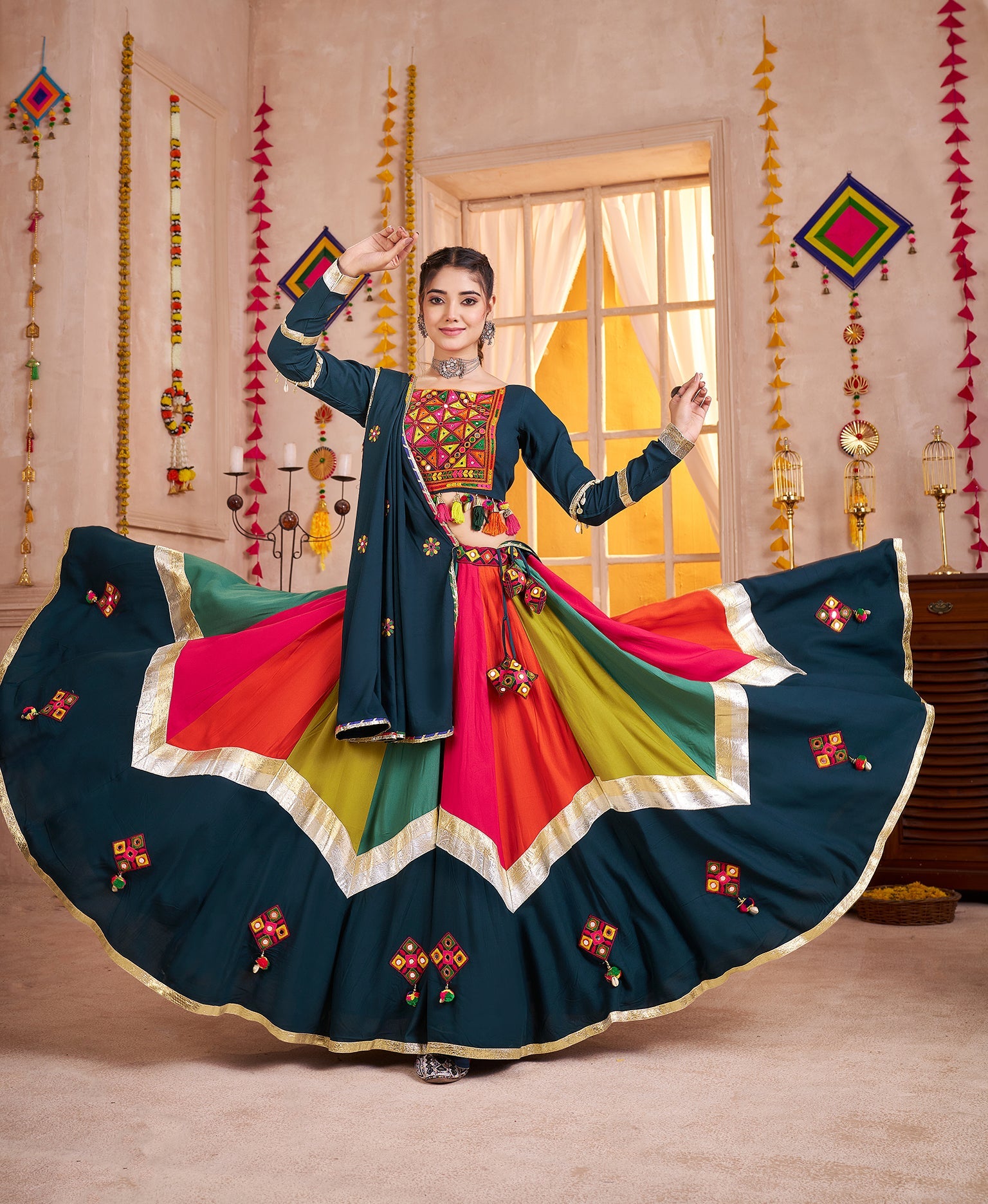 Monjolika Fashion Viscose Cotton Multi Color-Teal Blue Navratri Lehenga Choli With Mirror And Kutchi - Distacart