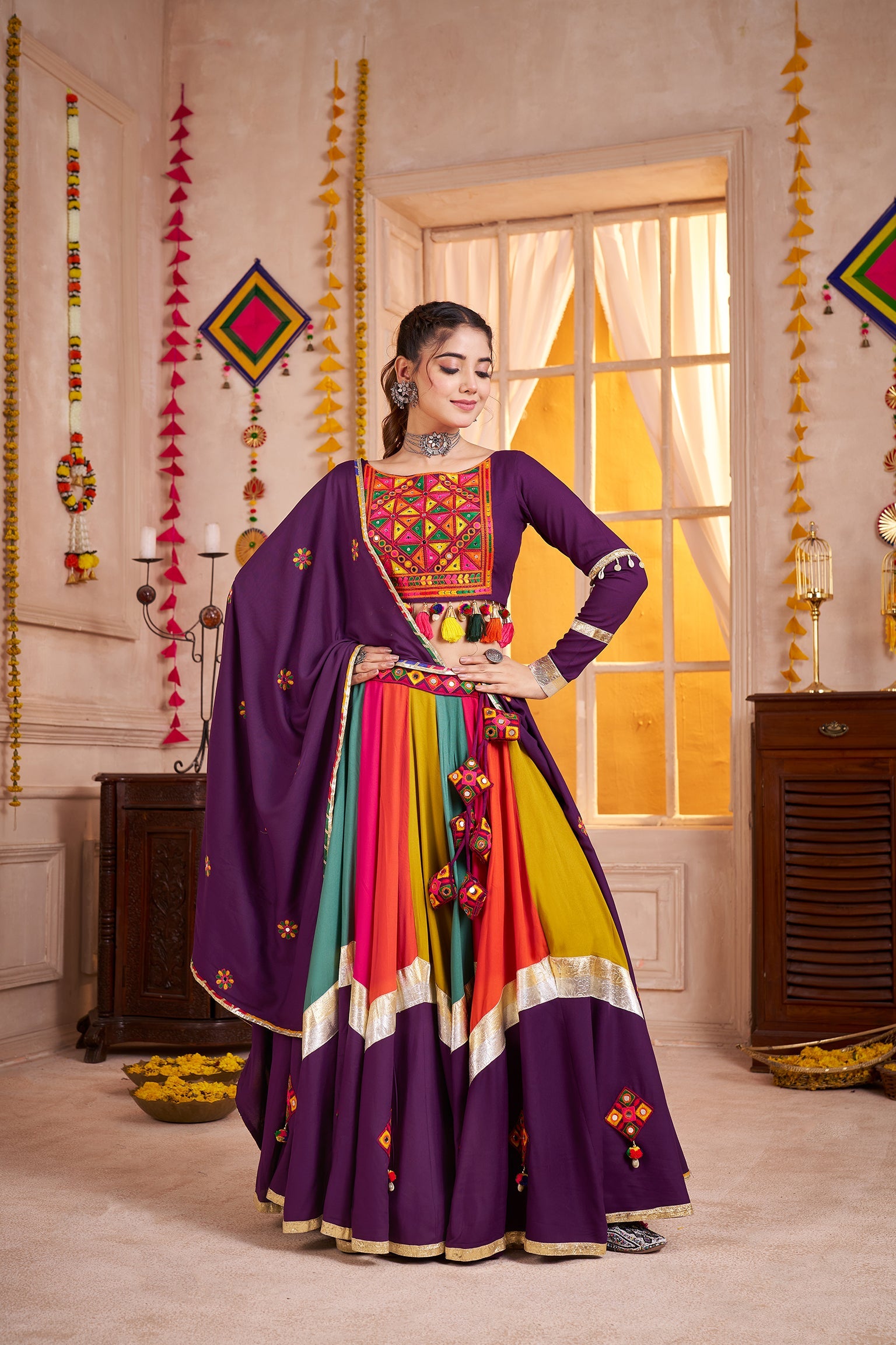 Monjolika Fashion Viscose Cotton Purple Multicolor Navratri Lehenga Choli With Mirror And Kutchi Embroidery Work - Distacart