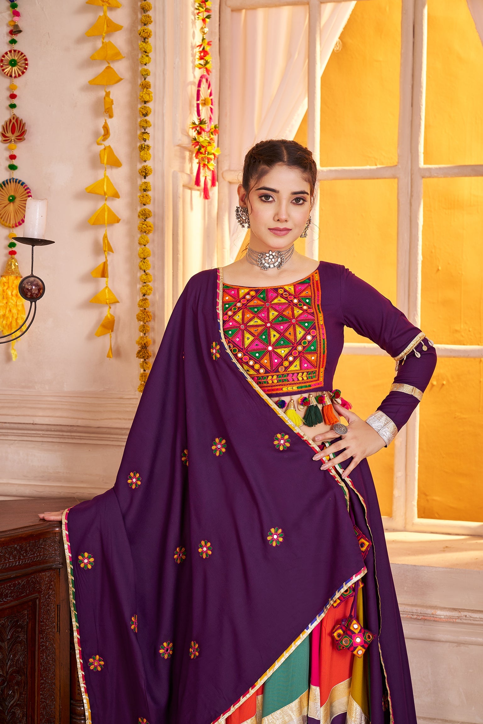 Monjolika Fashion Viscose Cotton Purple Multicolor Navratri Lehenga Choli With Mirror And Kutchi Embroidery Work - Distacart