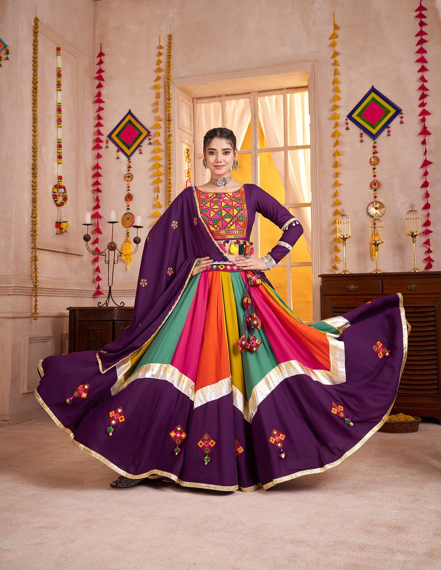 Monjolika Fashion Viscose Cotton Purple Multicolor Navratri Lehenga Choli With Mirror And Kutchi Embroidery Work - Distacart