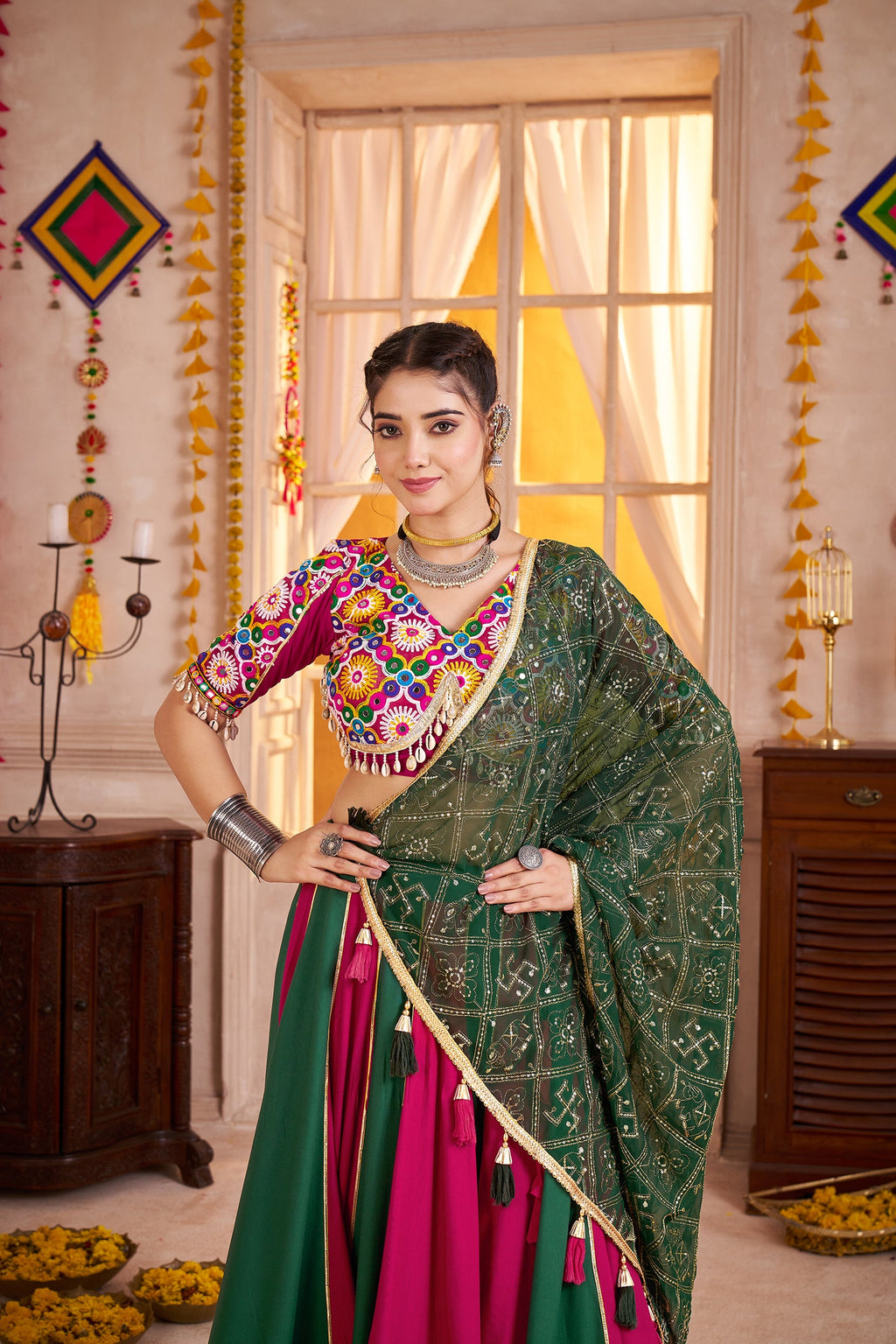 Monjolika Fashion Colorful Viscose Cotton Navratri Lehenga With Kutchi Mirror Work Choli