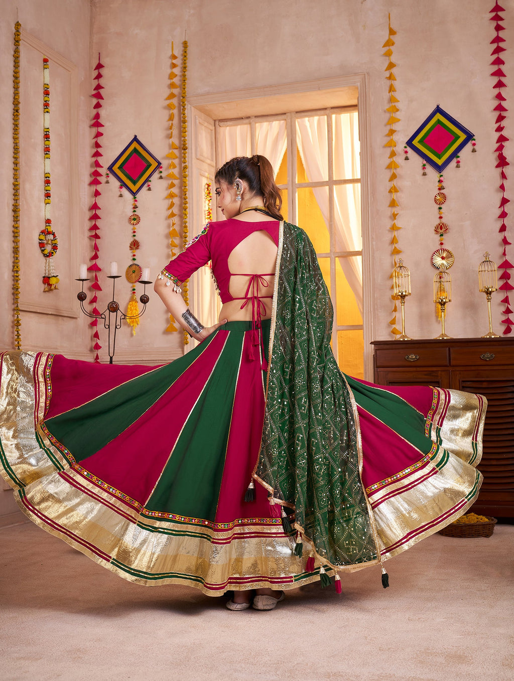 Monjolika Fashion Colorful Viscose Cotton Navratri Lehenga With Kutchi Mirror Work Choli