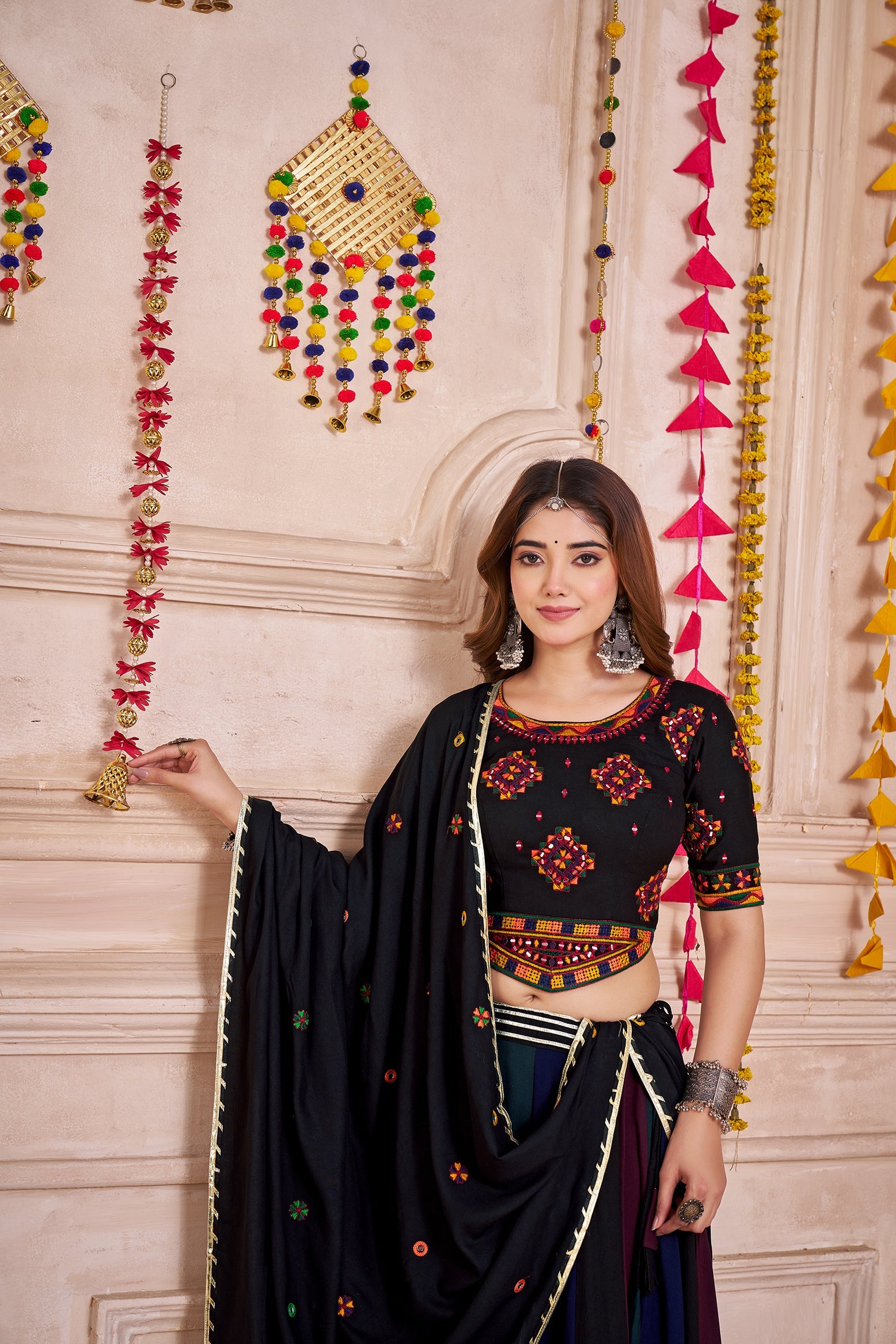 Monjolika Fashion Multi-Color Viscose Cotton Navratri Lehenga Choli With Hand Mirror Work
