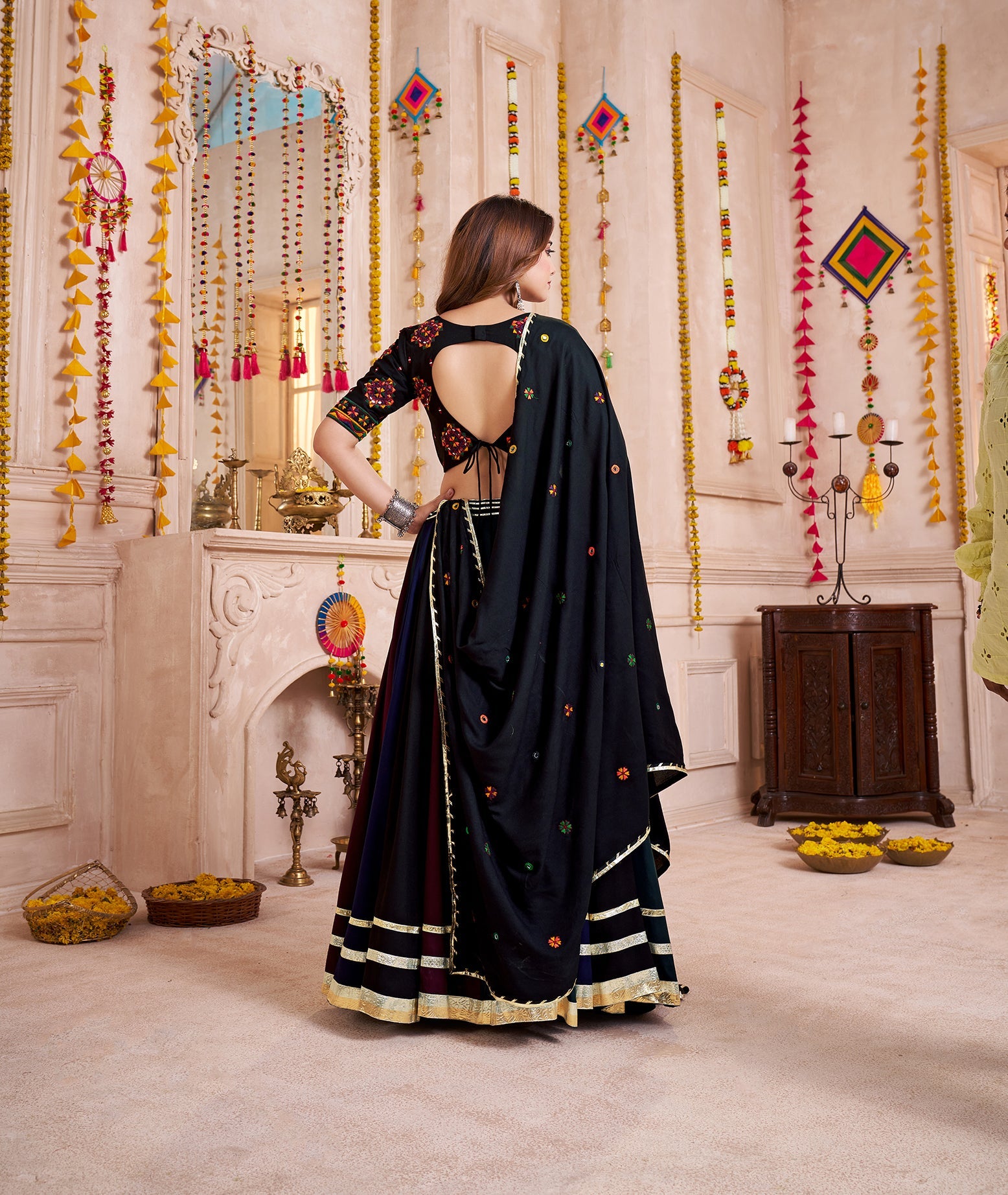Monjolika Fashion Multi-Color Viscose Cotton Navratri Lehenga Choli With Hand Mirror Work