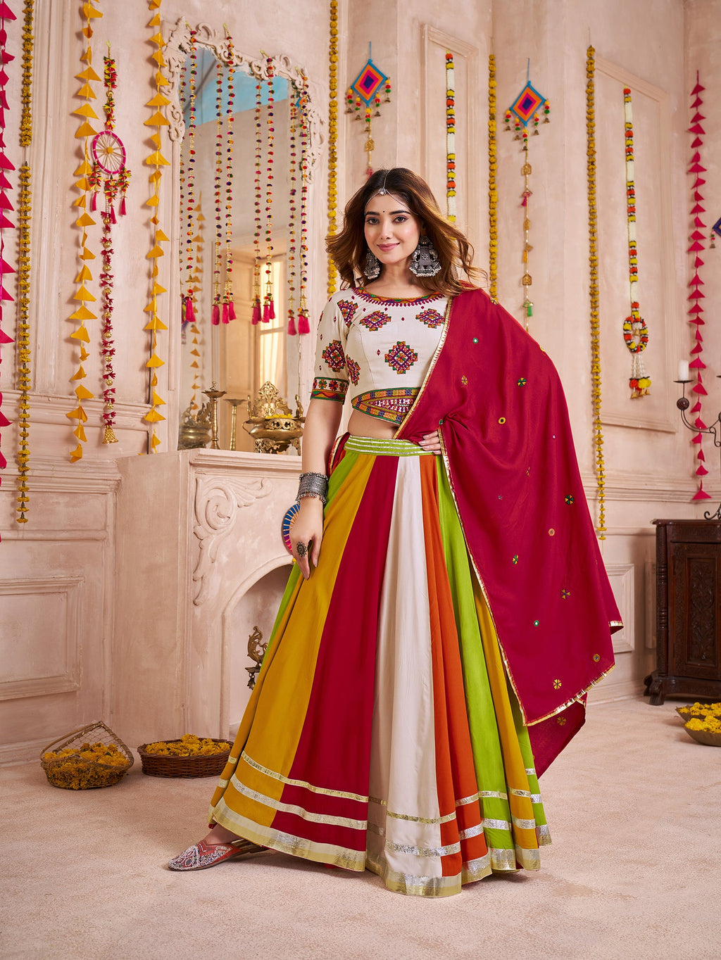 Monjolika Fashion Multi Color Viscose Cotton Navratri Lehenga Choli With Kutchi And Mirror Work Jacket - Distacart
