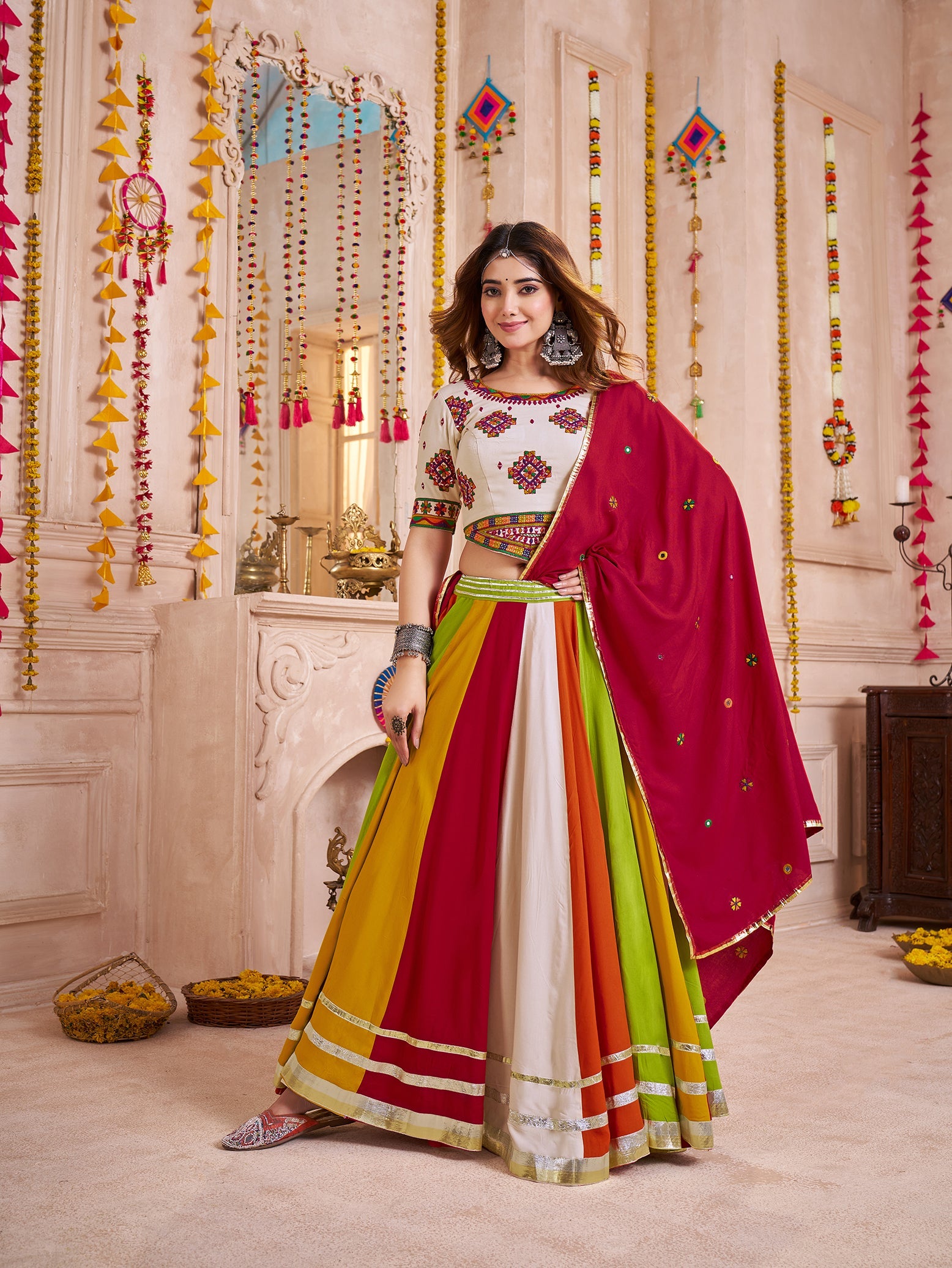 Monjolika Fashion Multi Color Viscose Cotton Navratri Lehenga Choli With Kutchi And Mirror Work Jacket - Distacart