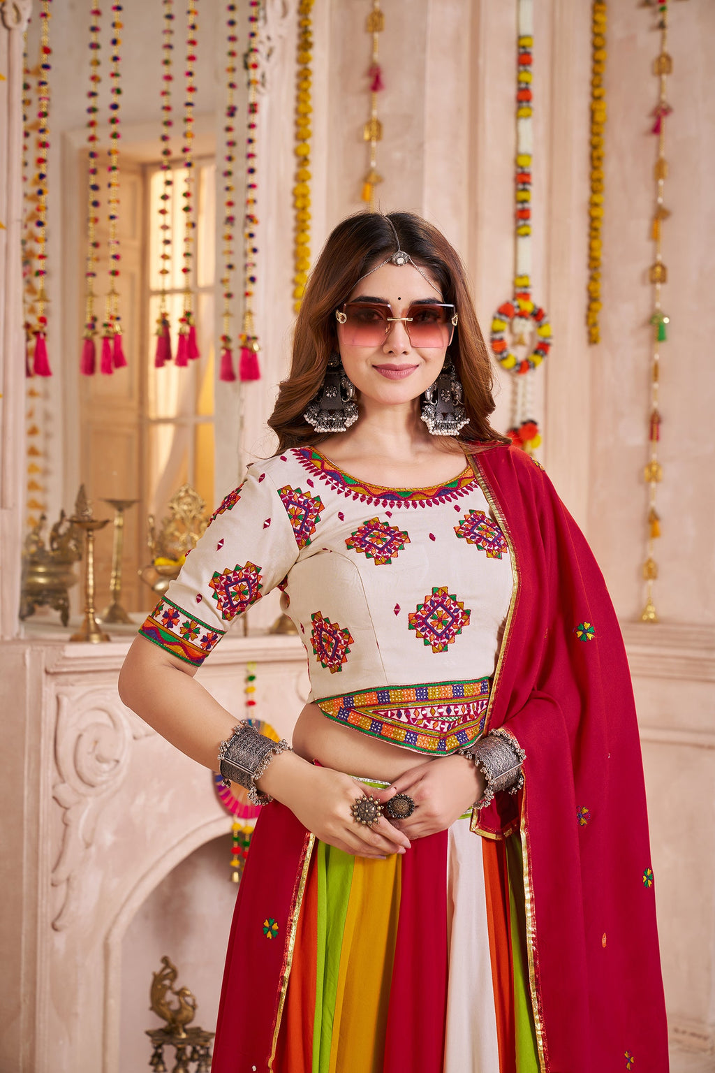 Monjolika Fashion Multi Color Viscose Cotton Navratri Lehenga Choli With Kutchi And Mirror Work Jacket - Distacart