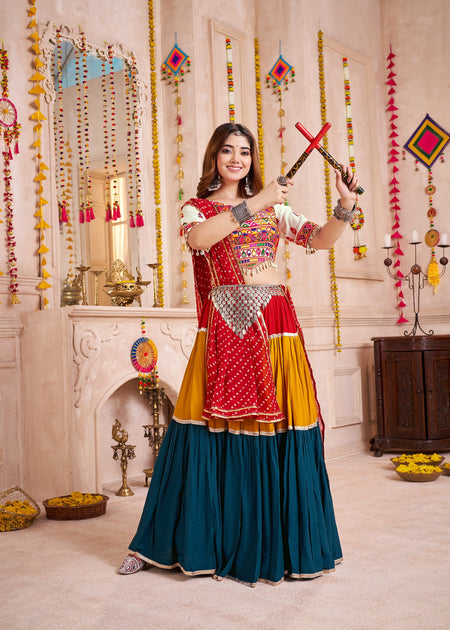 Monjolika Fashion Mirror And Kodi Work Colorful Navratri Chaniya Choli In Viscose Cotton