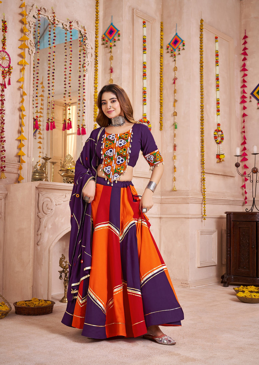 Monjolika Fashion Colorful Viscose Cotton Navratri Lehenga With Thread, Mirror & Kodi Work - Distacart