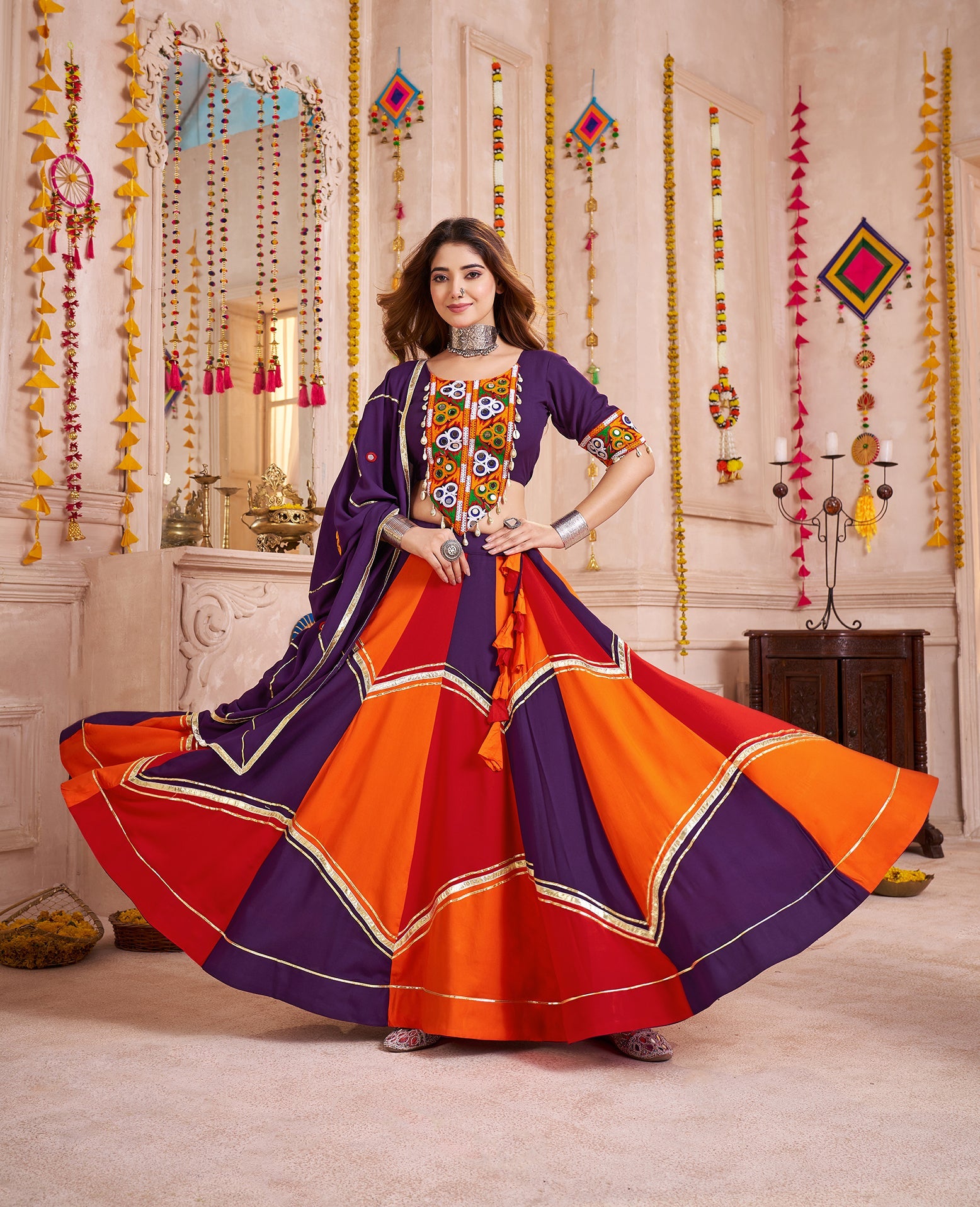Monjolika Fashion Colorful Viscose Cotton Navratri Lehenga With Thread, Mirror & Kodi Work - Distacart
