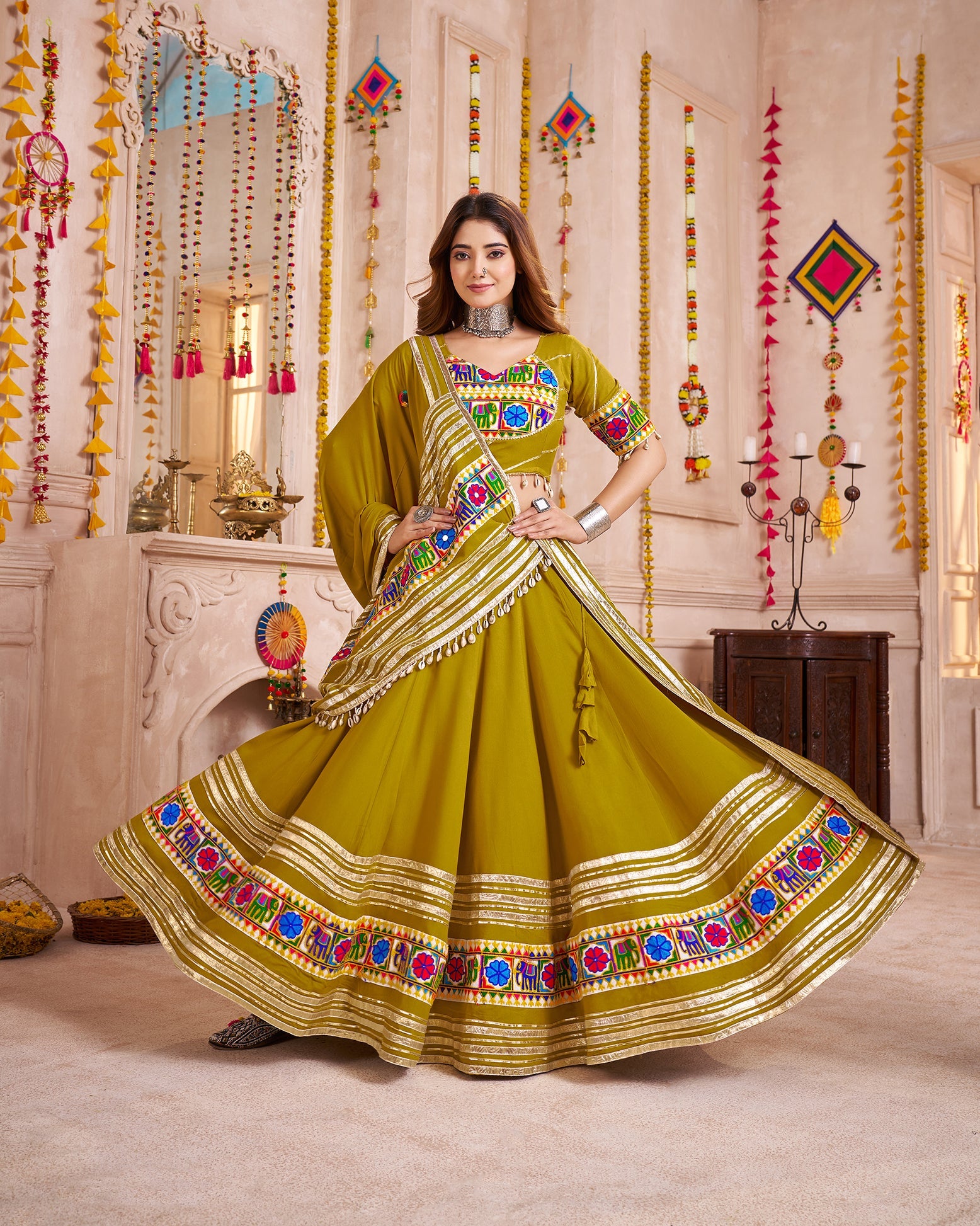 Monjolika Fashion Olive Green Viscose Cotton Navratri Style Chaniya Choli Set - Distacart