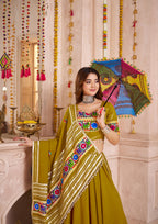 Monjolika Fashion Olive Green Viscose Cotton Navratri Style Chaniya Choli Set - Distacart