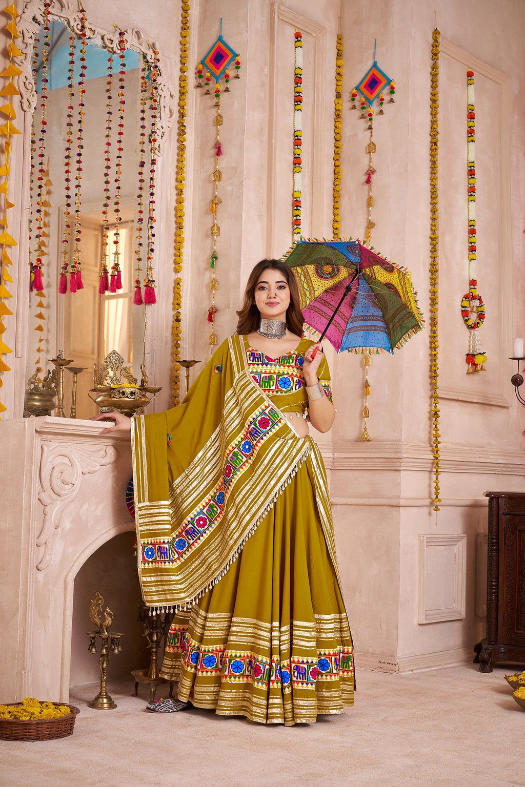 Monjolika Fashion Olive Green Viscose Cotton Navratri Style Chaniya Choli Set - Distacart