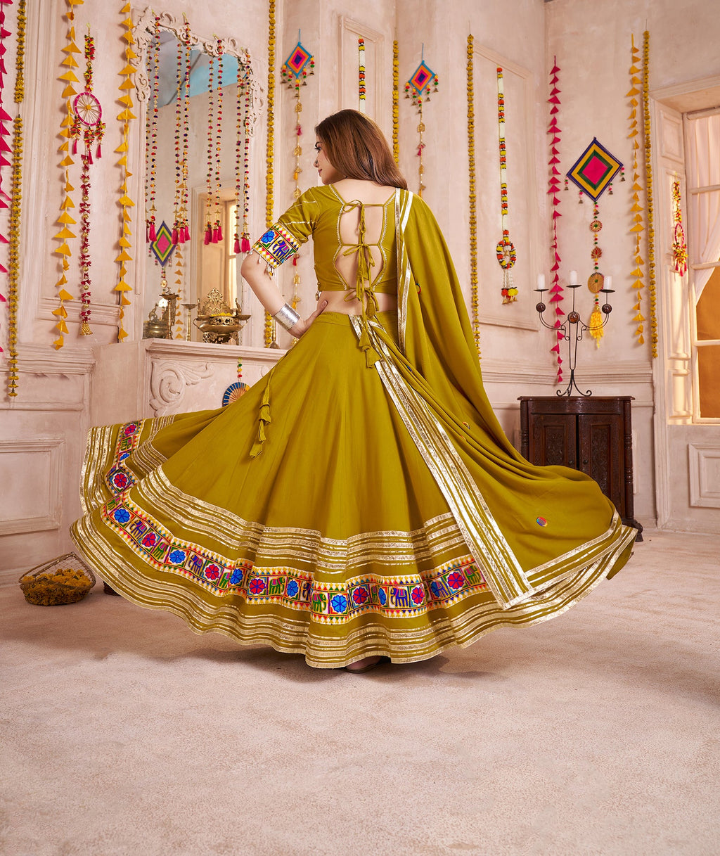 Monjolika Fashion Olive Green Viscose Cotton Navratri Style Chaniya Choli Set - Distacart