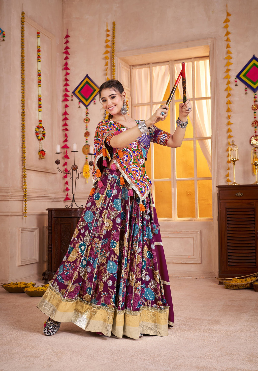 Monjolika Fashion Purple Kutchi Mirror Work Navratri Lehenga Choli - Distacart