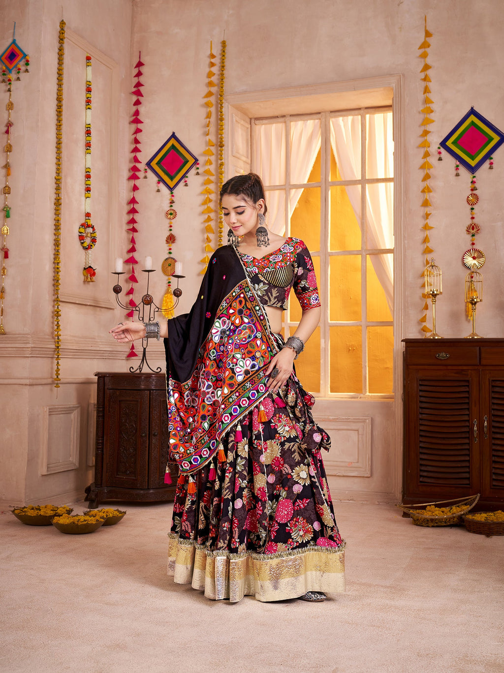 Monjolika Fashion Black Viscose Cotton Navratri Lehenga Choli With Kutchi Patch & Mirror Work - Distacart