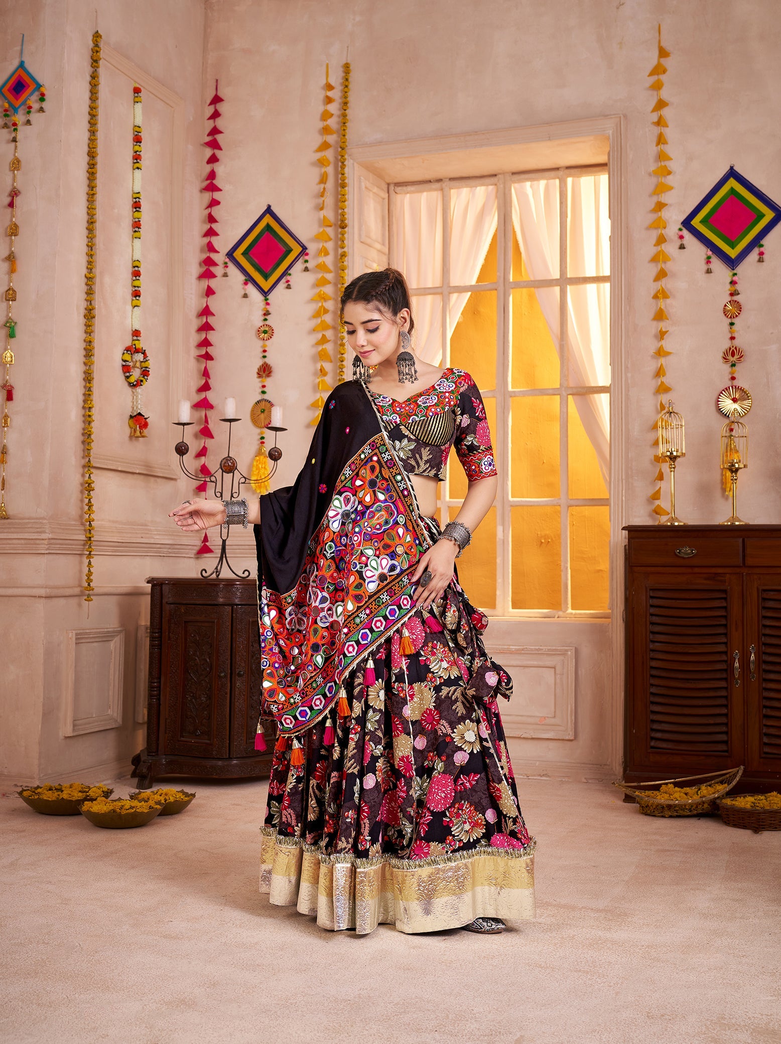 Monjolika Fashion Black Viscose Cotton Navratri Lehenga Choli With Kutchi Patch & Mirror Work - Distacart